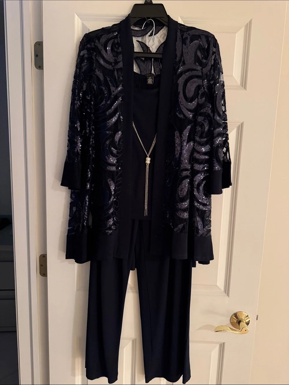 Three Piece Set With Sequin Swing Jacket and Detachable Necklace in Navy - Picture 3 of 6